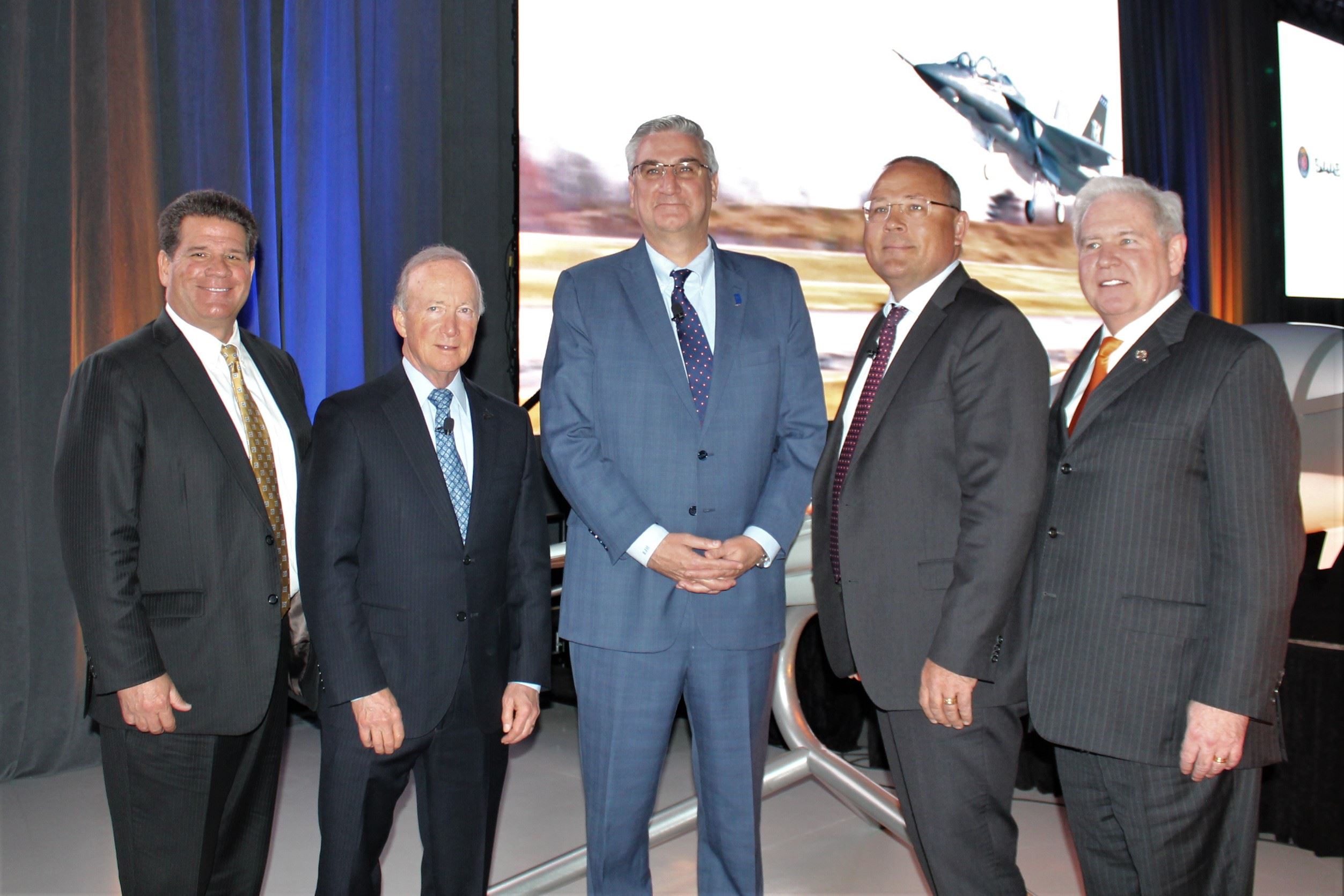 Mayor Roswarski, Purdue President Mitch Daniels, and Governor Eric Holcomb with Saab executives